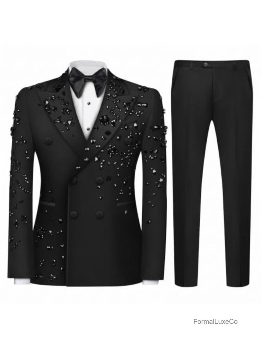 Men's Double Breasted Slim Fit Tuxedo Suit 2pc Rhinestone Jacket & Pants - Prom
